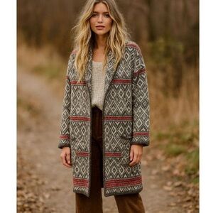 Aspen Southwestern Aztec Wool Blend Chunky Open Front Longline Cardigan 1X